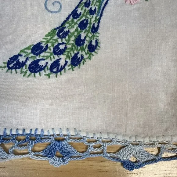VTG Embroidered White Dresser Scarf Table Peacock Bird Flowers 39x14 Set Of 4 - Picture 8 of 16